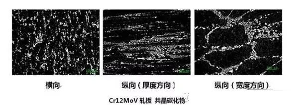 Cr12MoV軋板不同方向共晶碳化物的形態(tài)的金相圖 Cr12MoV軋板不同方向共晶碳化物的形態(tài)的金相圖